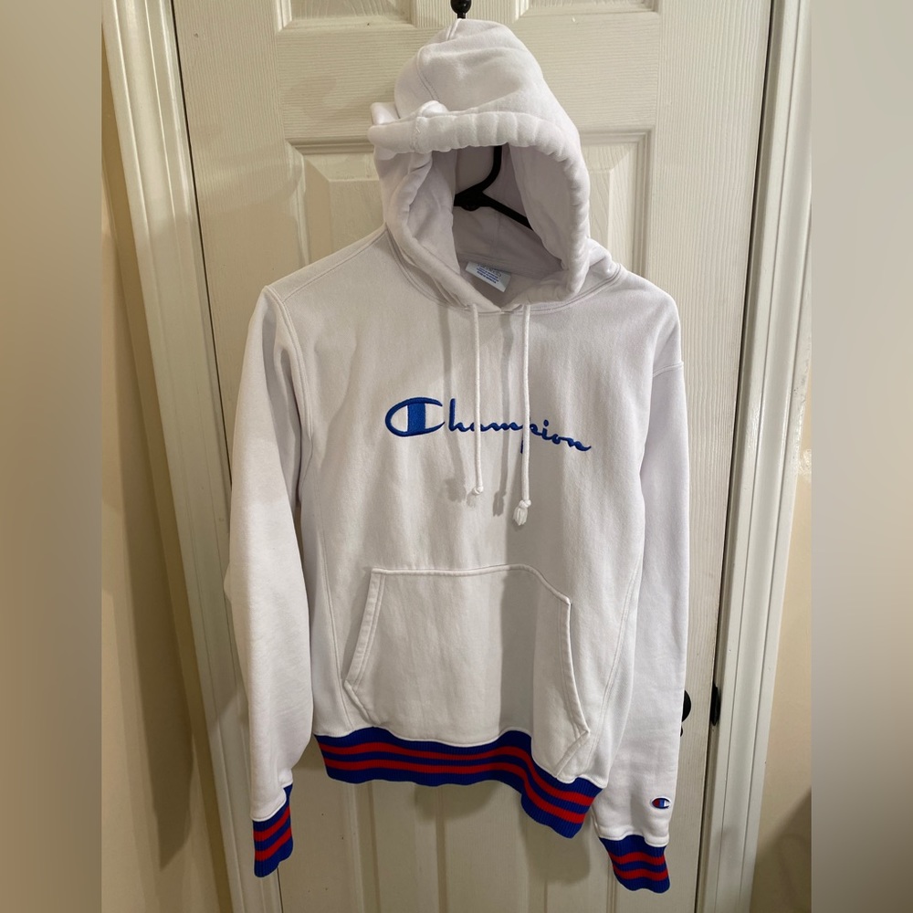 Men's Champion Reverse Weave Yarn Dye Rib Trim Pullover Hoodie White Size Small